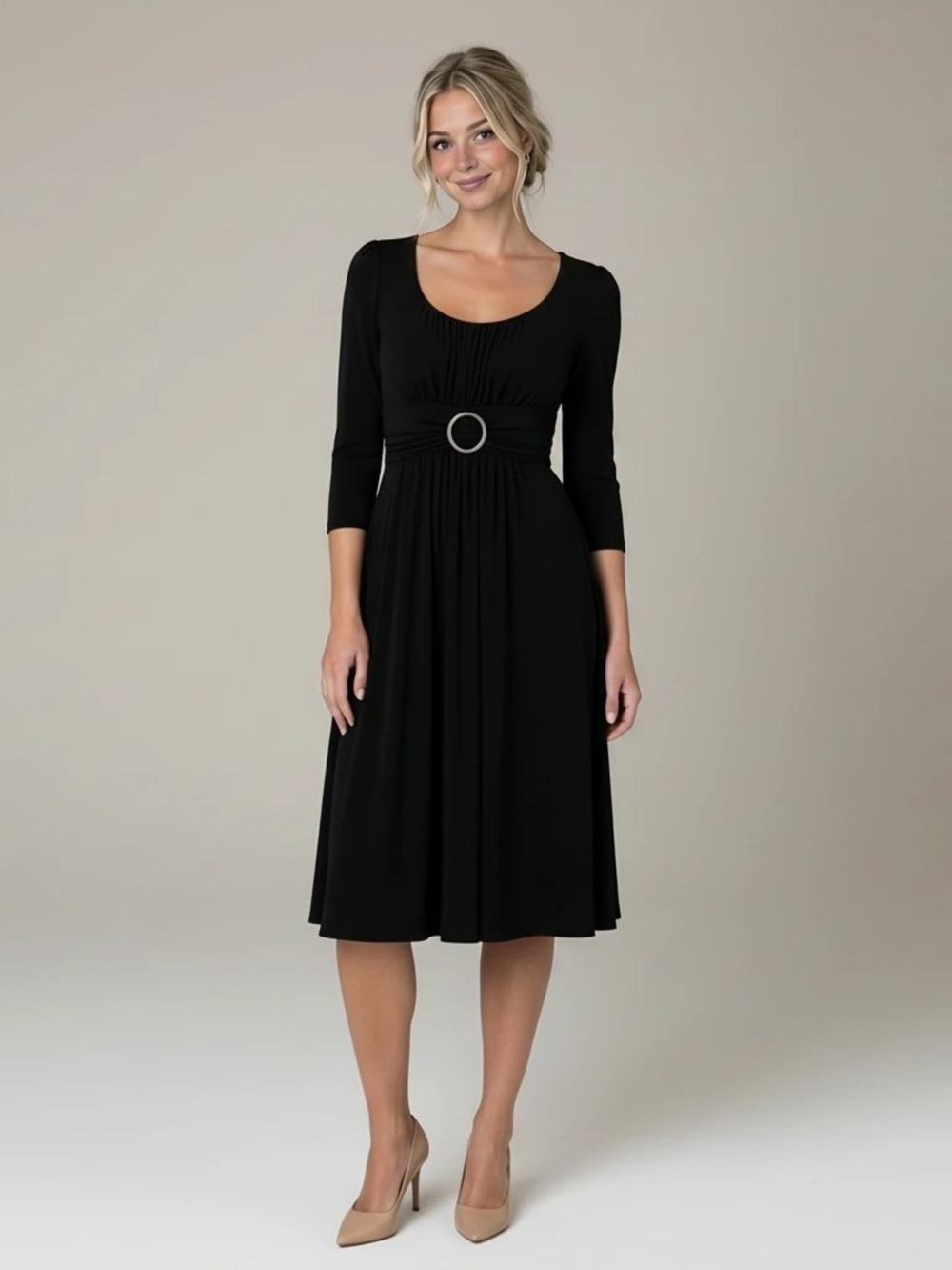 Soprano Elegant Black Scoop Neck Midi Dress Waist Accent Women’s Small